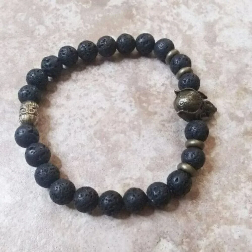 Alien Warrior Skull + Lava Rock Beads! Rugged Men's Bracelet! Biker Rocker Punk